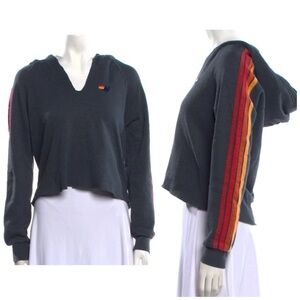 Aviator Nation Split Neck Crop Hoodie Charcoal Sz Medium